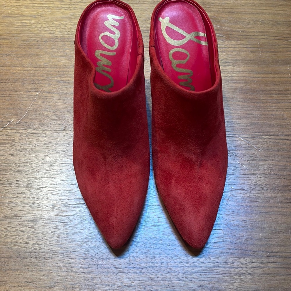 Red suede mules